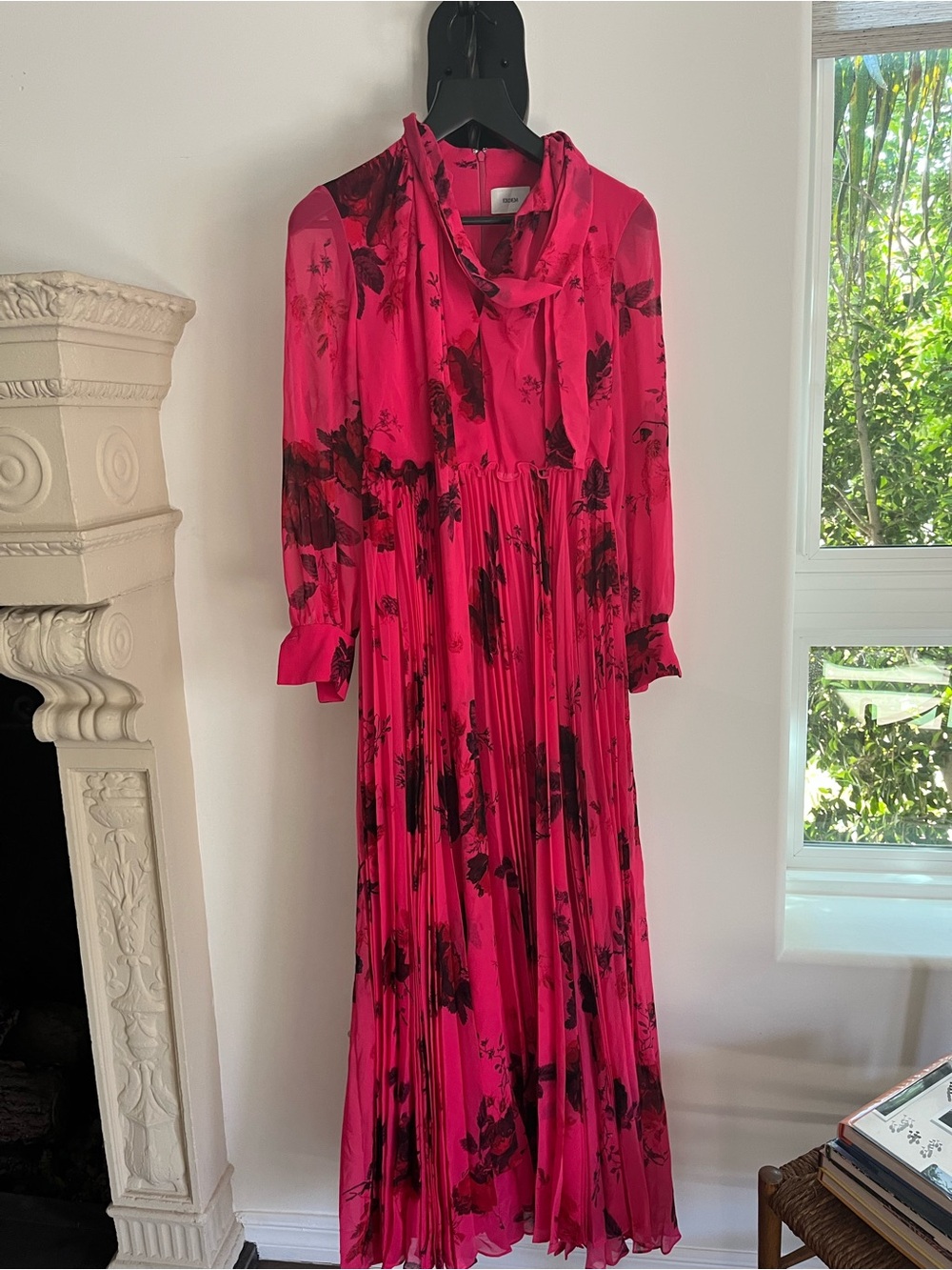 ERDEM Hot Pink Floral Pleated Maxi Dress